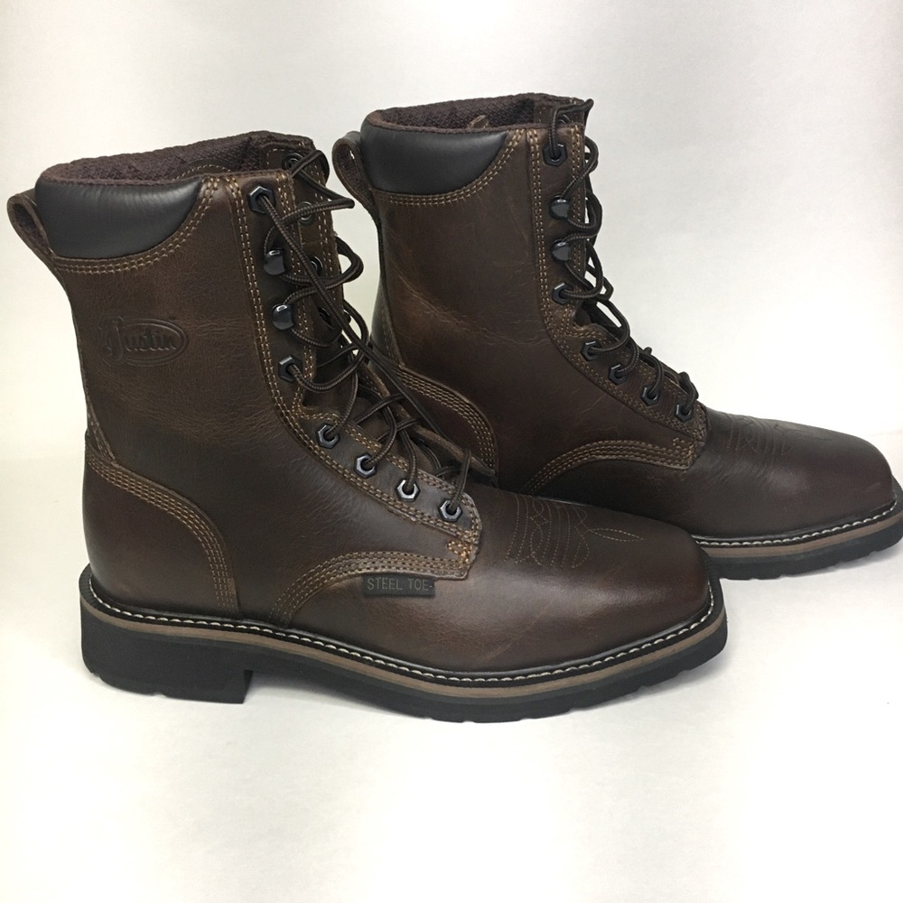 Justin Men's Stampede Pulley Rugged Brown Square Steel Toe Lace Up Work Boot sz8
